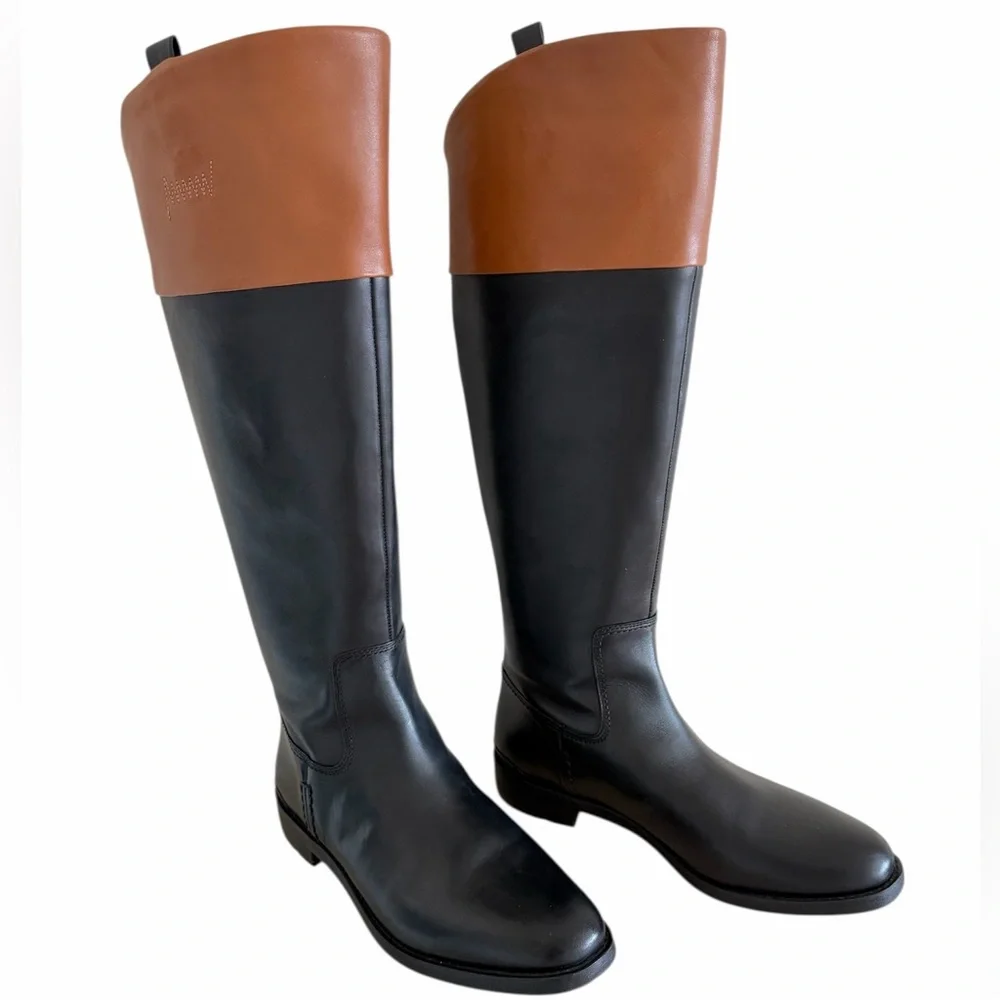 Franco Sarto Meyer Knee High Black Brown Tall Leather Riding Boots Size 10 NWOB